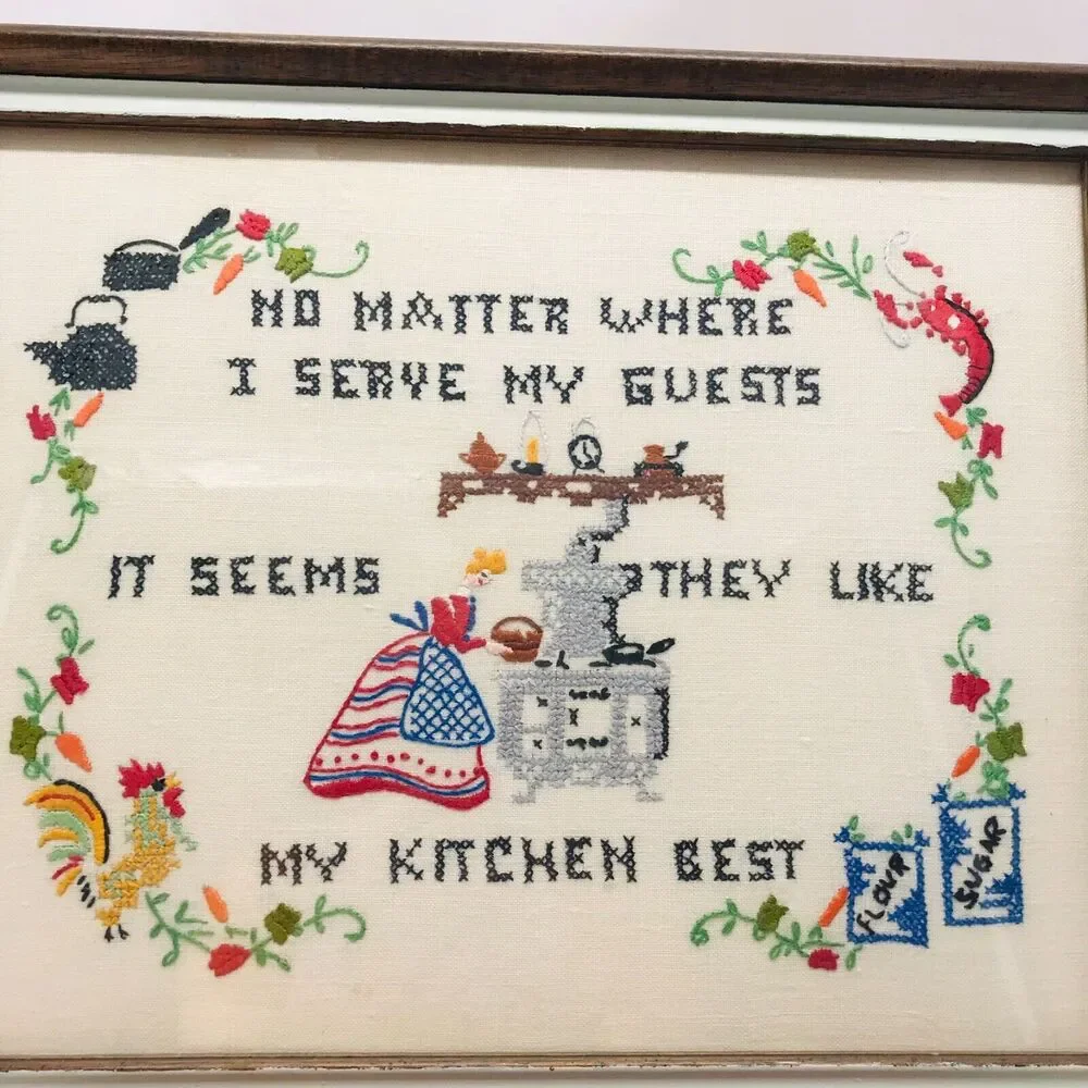 Vintage Framed Needlework Rustic Primitive Wall Decor 15 x 12 Inches